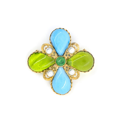 Broche Croix (Blue & Green) with Akyoa Pearls