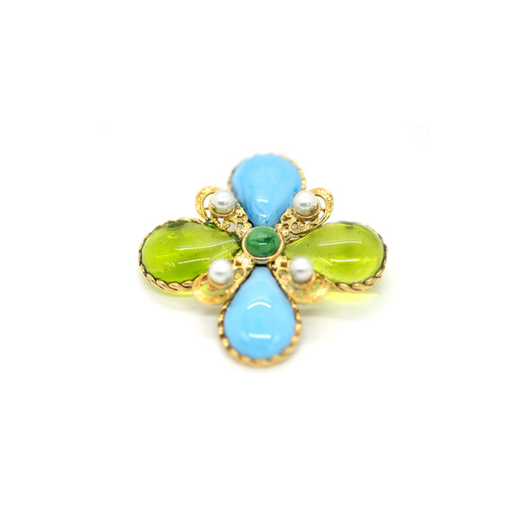 Broche Croix (Blue & Green) with Akyoa Pearls
