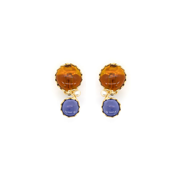 Clip Earrings - Double Rond (Blue & Amber)